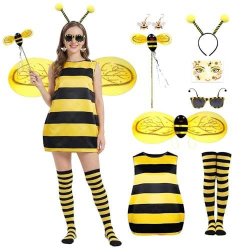 SERTAS Bienen Kostüm Damen Hummel Faschingskostüme Damen mit Kleid,Haarband,Brille,Flügel,Socken,Gesichts-Tattoo,Bienen kostüm Erwachsene,Biene...