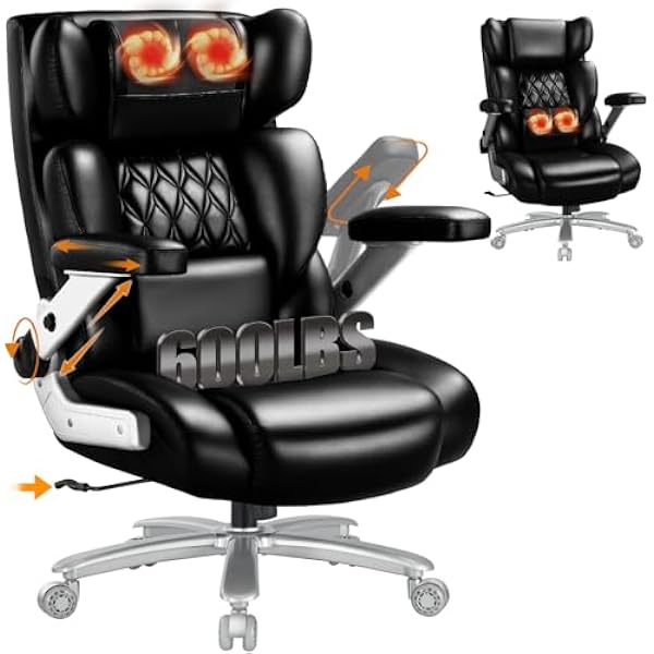 600lbs Big and Tall Office Chair with 3D Kneading Heated Massage,Comfy Heavy Duty Executive Office Desk Chair with 5D Flip Arms for Heavy People,High Back Computer Chair,Metal Base (Classic, Black)