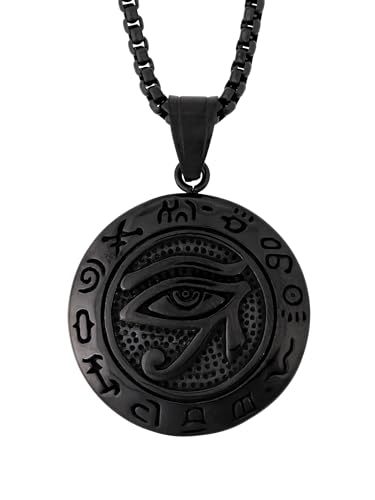 HAQUIL Black Plated Stainless Steel Eye of Horus Hieroglyphic Medallion Pendant Necklace, Box Chain, Egyptian Jewelry Gifts