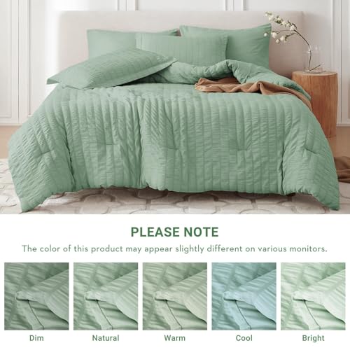 Image of MUXHOMO 7 Pieces King Comforter Set, Seersucker Bed in a Bag King Size, All Season Luxury Bedding Set with Comforter, Flat Sheet, Fitted Sheet, Pillowcases & Shams, Sage Green