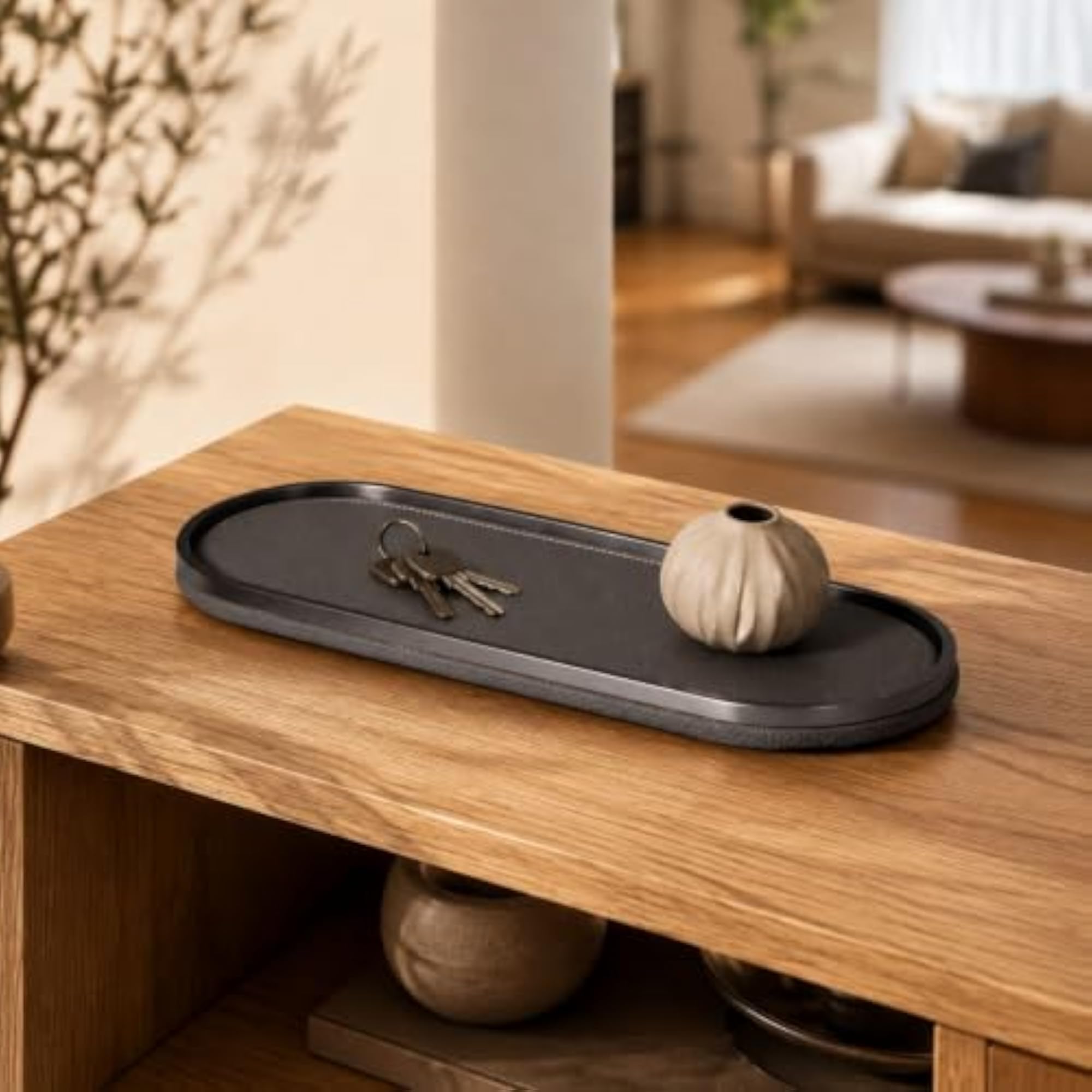 Slim Oval Leather and Metal Tray, Textured Bedside Decor