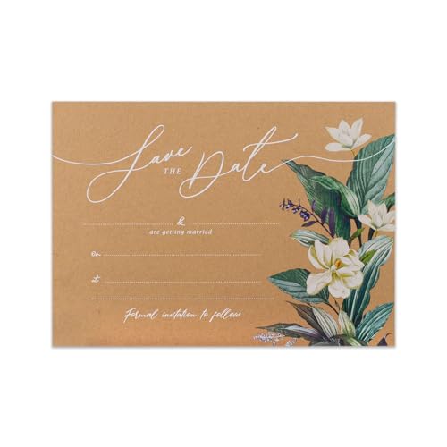 Summer-Ray 24pcs Save the Date Wedding Announcement Rustic Kraft Card with Magnolia Floral Printing (Landscape)