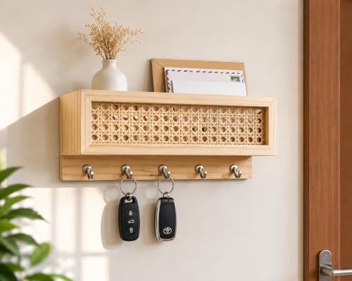 Image of CentraLit Wooden Rattan Key Holder for Home Decor Stylish, Wall Mounted Key Holder with 5 Hooks & Shelf, Key Stand for Wall, Key Hangers for Room, Key Chain Holder for Home