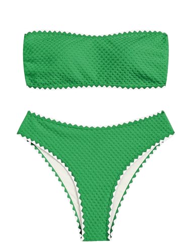 Image of ZAFUL Women's High Cut Bandeau Bikini Set Strapless Solid Color 2 Pieces Bathing Suit Swimsuit (9-Green,M)