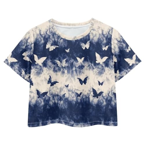 Image of Butterfly Print Girls Cropped Tshirt Size 11-12 Elegant Short Sleeve Top for Summer Oversize Shirts for Party Travel Crew Neck Blouses for Girls Tees 2024 Gift for Daughter, Medium
