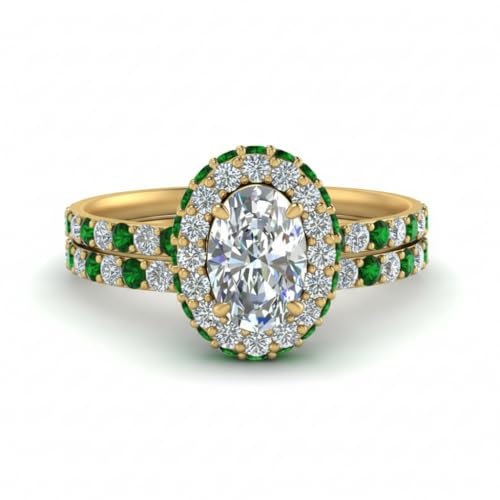 Image of Choose Your Gemstone Oval Halo Rollover Diamond CZ Wedding Ring Yellow Gold Plated Oval Shape Wedding Ring Sets Matching Jewelry Wedding Jewelry Easy to Wear Gifts US Size 4 to 12