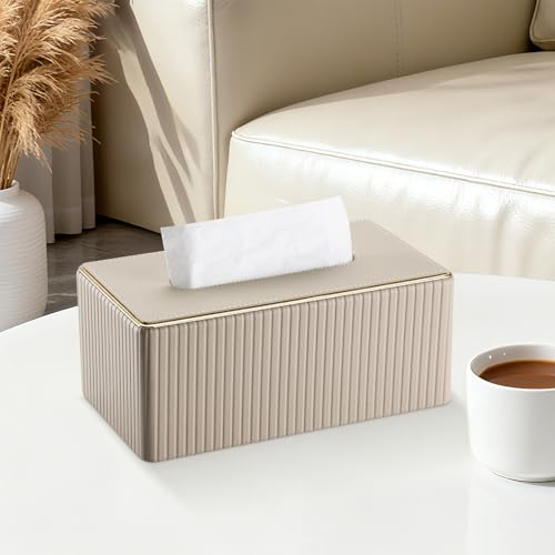 KINGFOM Taschentuchbox Kosmetiktücherbox mit Golden Edge, PU Leder Tissue Box Tücherbox, Taschentuchspender Taschentücher Box für Wohnzimmer, Badezimmer & Büro (Beige, Rechteckige)