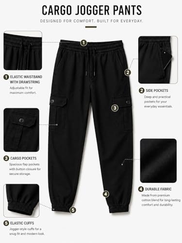 Image of Men's Cotton Cargo Pants | Cargo Trousers with Flap Buttoned Pocket | Elastic Waist Drawstring Casual Cargo Pants | Regular Fit Outdoor Travel Streetwear Bottom Wear