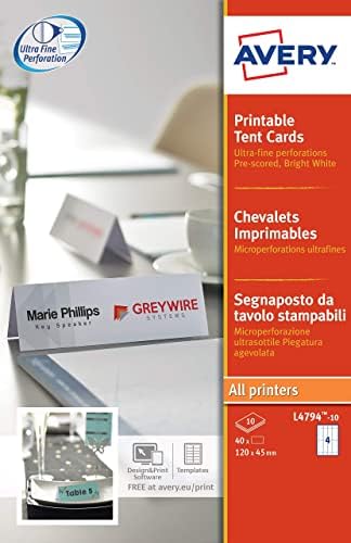 Avery L4794-10 Printable Place/Tent Cards, 4 Cards Per A4 Sheet,White