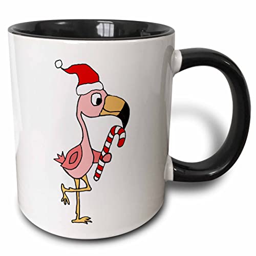 3dRose Funny Cool Pink Flamingo Bird in Santa hat Christmas Cartoon 15oz Two-Tone Black Mug