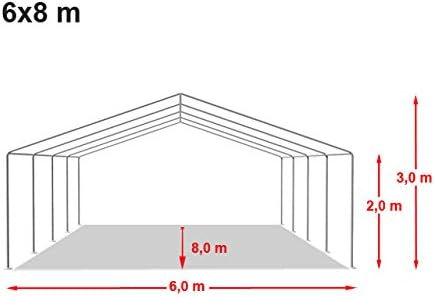 Diagram showing the dimensions of a 6x8m tent, with a length of 8.0m, width of 6.0m, side height of 2.0m, and peak height of 3.0m.