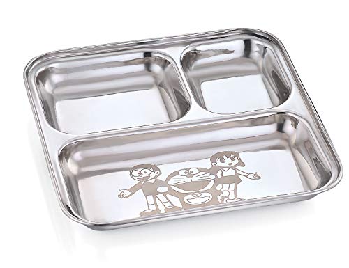 Image of Expresso - Heavy Duty Stainless Steel Square Small Dinner Plate with 3 Sections Divided Mess Trays for Kids Lunch, Camping, Events & Every Day Use Kitchenware, Cartoon Design