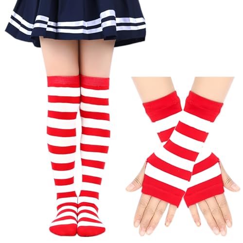 2 Pairs Thigh High Socks & Long Fingerless Gloves, Striped Knee High Socks and Arm Warmers for Girls2