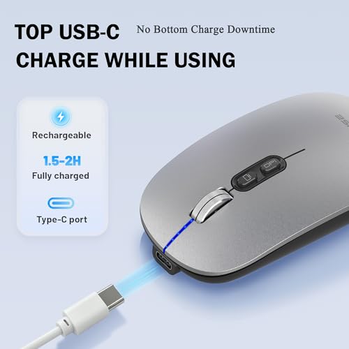 Image of FMOUSE Slim Wireless Mouse, Tri-Mode 2.4G & Bluetooth, Rechargeable - Grey | USB-A & USB-C Receiver | Silent Click | One-Key Desktop | Works with Mac, iPad & Laptops | Long-Life Battery | Portable
