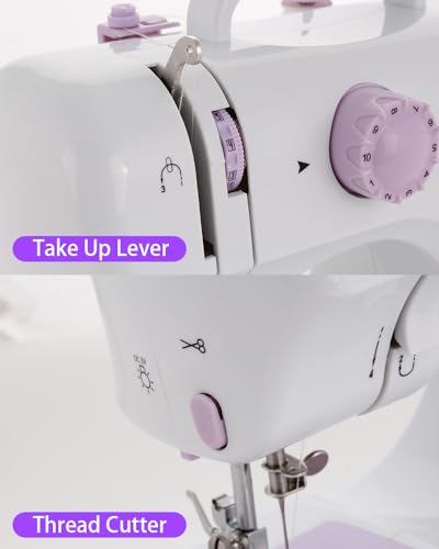 Sewing Machine for Beginners,Portable Sewing Machine with 12 Built-in Stitches,2 Speed(High-Low Speeds),2 Power Supply Method,20 Pcs Fabric and 32 Pcs Sewing Threads Kit,- (White and Purple)