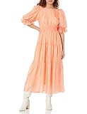 MOON RIVER Women's Puff Sleeve Shirred Tiered Midi Dress, Pink, Medium