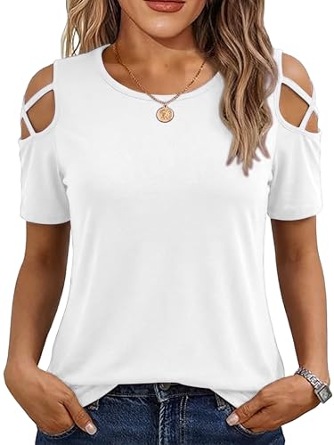Jar of Love Women's Short Sleeve Cold Shoulder T Shirts Criss Cross Spring Summer Loose Fit Tops Going Out Tops Lady Casual Dressy Shirts 2026,S,White
