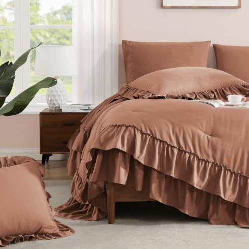 Image of Full Size Comforter Set Russet Ruffle 7 Pieces Farmhouse Bed in a Bag