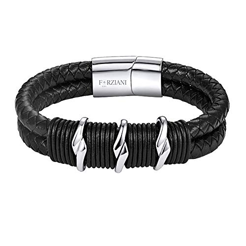 Forziani Premium Black Nappa Braided Leather Bracelet for Men - Genuine Leather Men's Wristband with Stainless Steel Clasp - Size Large - Gift Packaging Included - Best Gift for Men