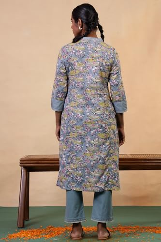 Image of Folksong Women's Opal Blue Cotton Straight-Fit Floral Hand Block Printed Kurta