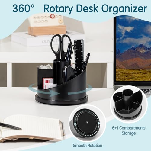 deli Office Supplies Set, 1045 Pcs-Desk Accessory Organizer Kit, Stapler Set, Rotating Multi-Functional Pen Holder, Tape Dispenser, Pens, Binder Clips, Sharpener, Scissor, Eraser, Black
