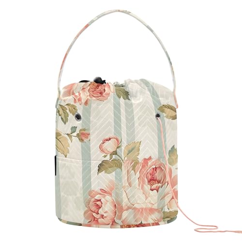 Yarn Storage Bag Small Crochet Bag Knitting Bag Organizer Retro Flowers Striped Yarn Bags for Crocheting Basket