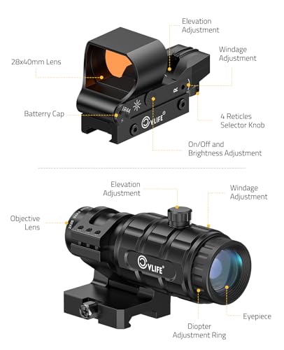 CVLIFE EagleFeather S02 Multiple Reticle Red Dot and Magnifier Combo, 40mm Large Lens Red Dot with 3X Magnifier, Absolute Co-Witness, Open Reflex Optics Sight with Flip-to-Side