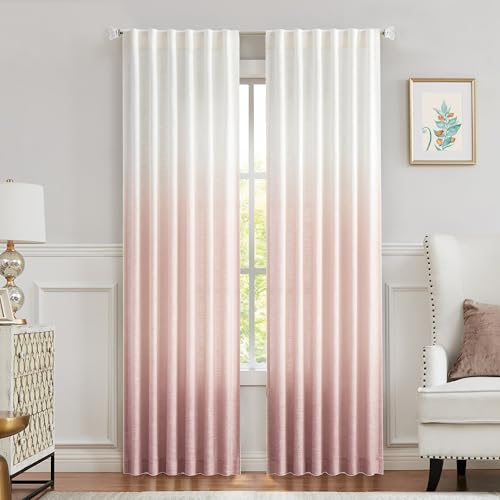Central Park Ombre Window Curtain Panel Linen Gradient Print on Rayon Blend Fabric Backtab Rod Pocket Drapery Treatments for Living Room/Bedroom, Cream White to Pink, 50