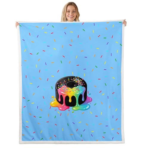 jejeloiu Ice Hockey Sherpa Blanket Plush Fuzzy Blue Ice Cream Drip Donut Sprinkles Fleece Throw Blanket Boys Girls Gift for Hockey Lover for Bed Couch Chair Living Room Bedroom Decor Queen 90"x90"