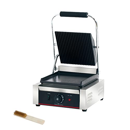 Commercial Panini Press With Grooved Grill Sandwich Maker Machine Electric Contact Grill Single (Single Grooved Top&Smooth Bottom)