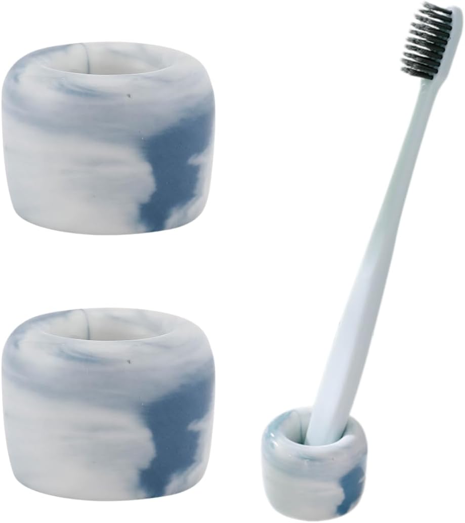 2 PCS Ceramic Toothbrush Holders, Decorative Toothbrush Stand with Unique Marble Textures, Minimalism Design Travel Toothbrush Holders for Bathroom, Vanity Counter (Ocean Blue)