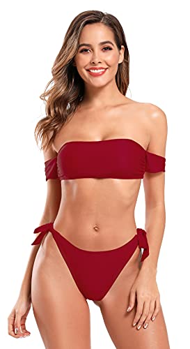 SHEKINI Bañador Mujer Tirantes Extraíbles Bandeau Top de Bikini Brasileño Bikini Set Ties Up Bikini Tanga Bikini Bragas(S, Rojo Vino)