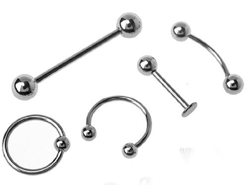 5pcs Lot of Body Piercing Jewelry 14g, 16g, 18g - Eyebrow Barbell, Lip Piercing, Nose Ring, Nipple Barbell, Tongue Ring and Belly Ring.