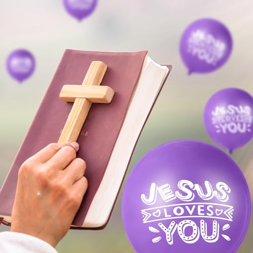 Image of Gejoy 60 Pcs Jesus Loves You Balloon 12 Inch Latex Christian Religious Jesus Balloon Party Decor for He Is Risen Party Decor Favor Cross Church Event Birthday Sunday Supplies(Purple)
