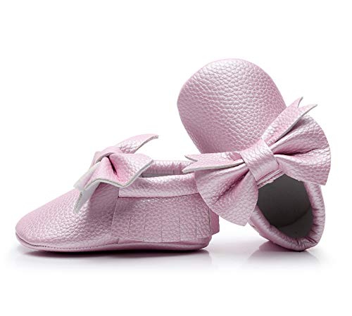 Image of Bebila Double Bow Fringe Baby Moccasins - Soft Sole Baby Shoes Girls Toddler Crib Flats