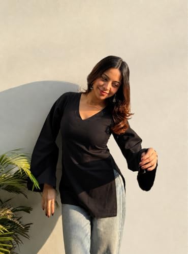 Image of ANNI Designer Short Kurti for Women Solid Design | V Neck Full Sleeve Kurti Tops for Women | Stylish Kurtis & Short Kurtis for Woman | Casual Kurti with Jeans | Kurtas for Woman