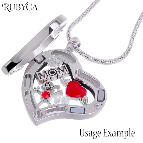 RUBYCA Living Memory Floating Charm Heart Glass Locket Pendant Necklace 20 Inches 1pcs Silver Color4