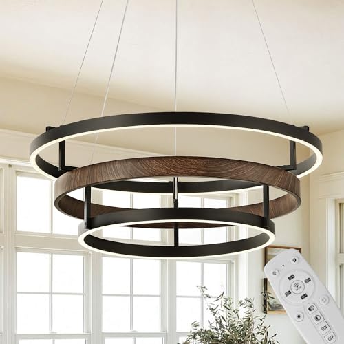 Image of KARTOOSH Modern LED Chandelier with Remote, Dimmable Ring Pendant Light Walnut Wood Black Circular Chandeliers for Dining Room Living Room Entryway Bedroom Office