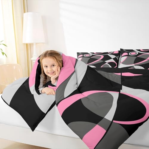 Image of Feelyou Pink Grey Black Comforter Retro Circle Geometrics Comforter Set Modern Abstract Art Bedding Set for Kids Boys Girls Geometrics Swirl Duvet Set Luxury Room Decor Quilt Toddler Size Boys