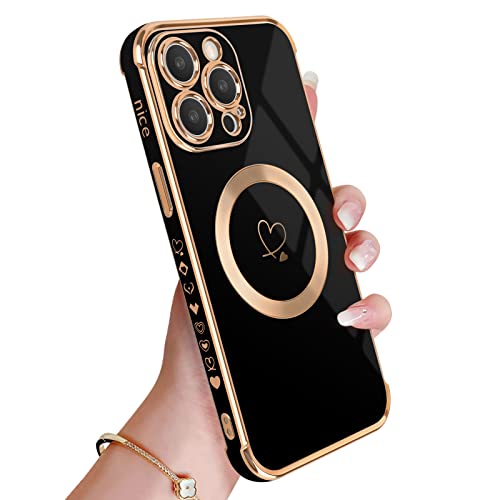 Newseego Magnetica Custodia per iPhone 14 Pro Max [Compatibile con MagSafe], Ragazza Donna Motivo Cuore D'amore Placcatura Bordo Silicone Antiurto Protettiva Cover per iPhone 14 Pro Max-Nero