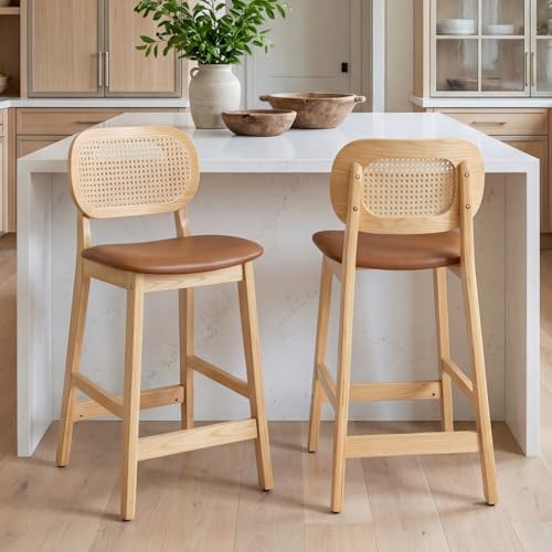 Image of Ya-Home Retro Bar Stools Set of 2 PU Leather Breakfast Counter Chairs with Rattan Backrest, Wooden Counter Stools for Kitchen Island, Brown