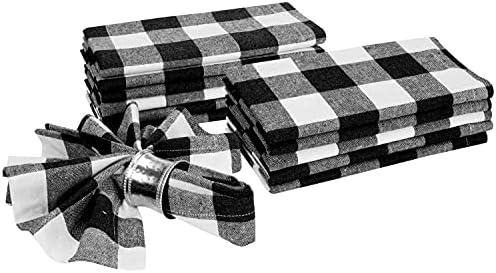 Farmhouse Cloth Napkin Set of 12 100% Cotton Dinner Napkin Gingham Plaid Check Fabric Mitered Corners & Generous Hem Size 18"x 18" Color Black/White