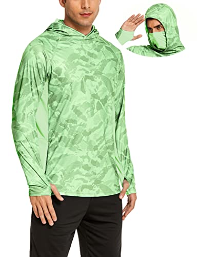 COOrun Men's UPF 50 Sun Protection Hoodies with Mask Built in Hooded Fishing Shirts for Men Long Sleeve Camo Hiking Shirts