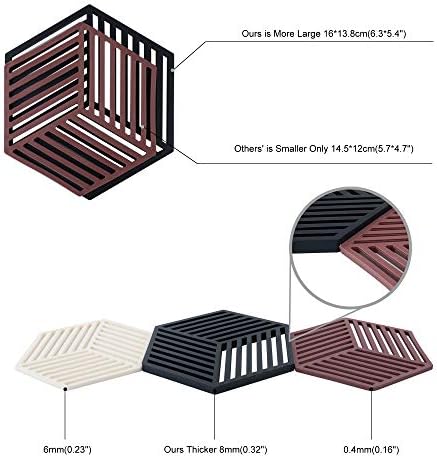 Silicone Trivets for Kitchen Worktops Table Mats Placemats Multi-Purpose Pot Holder,Hot Pads, Spoon Rest for Cooking & Dining (Black, Hexagon-Stripe:160x138x8mm)