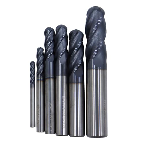 Image of 6Pcs1 /8in,3 /16in,1 /4in, 5 /16in,3 /8in,1 /2in Solid Carbide Ball Nose End Mills Set,4 Flute,30 Degree Helix,AlTiN Coated CNC Router Bit for Medium Hardness Steel, Brass, Iron