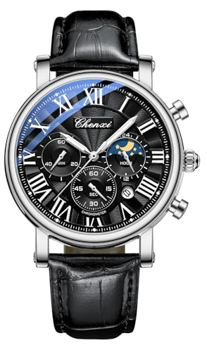 FANMIS Men's Classic Multifunctional Military Sports Analog Watch Business Dress Waterproof Luminous Chronograph Starry Sky Moon Phase Leather Wristwatch, X Balck Silver, Fashion watch
