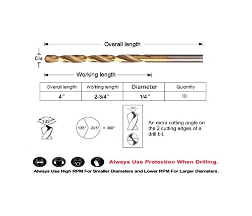Drillforce Hss Jobber Length 10 Pcs,1/4" X 4"Titanium Coated Twist Drill Bits, Metal Drill, Ideal For Drilling On Mild Steel, Copper, Aluminum, Zinc Alloy Etc. Pack In Plastic Bag (1/4) #TOP1