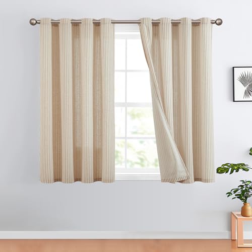 TOPICK Leinen Vorhänge Gestreifte Gardinen mit Ösen Modern Beige Leinenoptik Vorhang Wohnzimmer Privarsphäre Gardine Lichtfilterung Ösenschal mit Streifen Muster 2er Set H175xB130cm Braun auf Beige