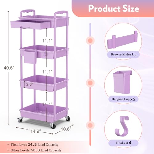 Image of SUNALLY Makeup Cart Organizer with Drawer,4 Tier Rolling Makeup Cart,Purple