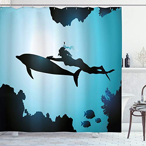 ABAKUHAUS Dauphin Rideau de Douche, Diver Fille avec des Dauphins, Tissu Ensemble de Décor de Salle de Bain avec Crochets, 175 cm x 200 cm, Bleu pâle Noir